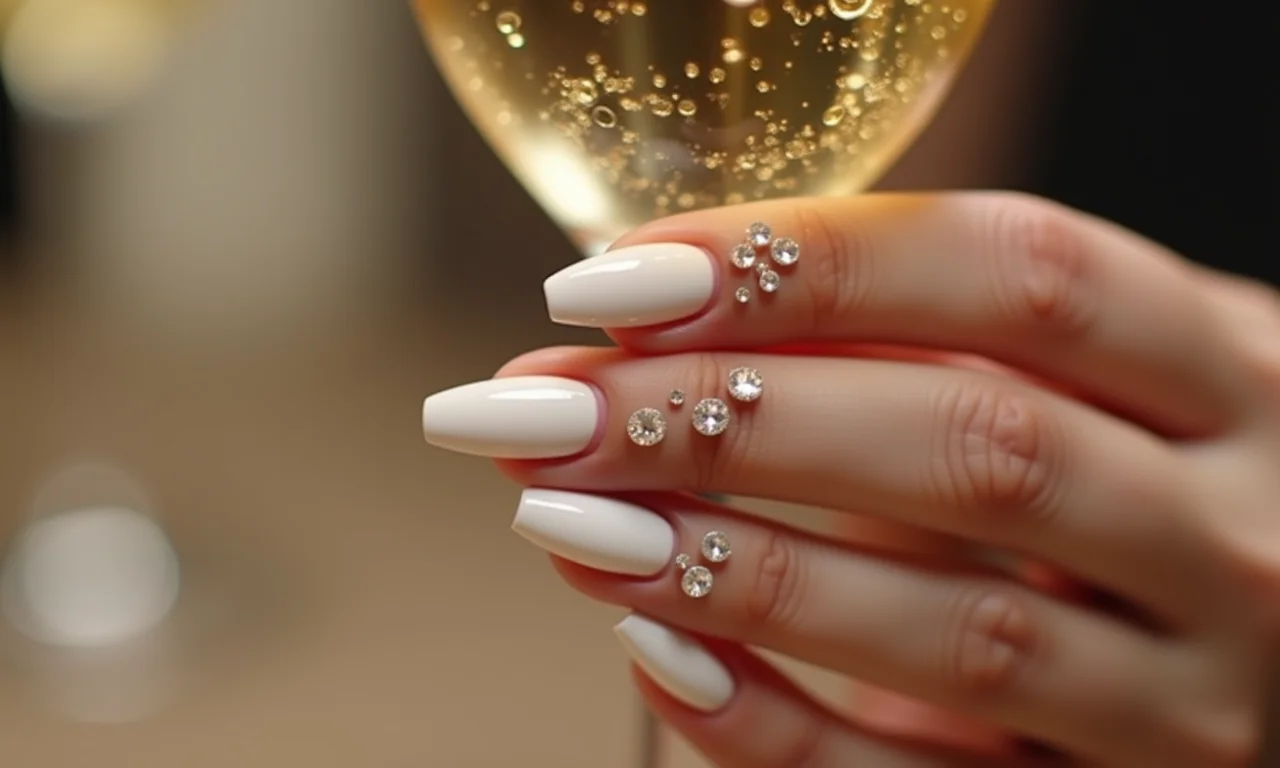 Pedrarias sofisticadas em unhas almond brancas.