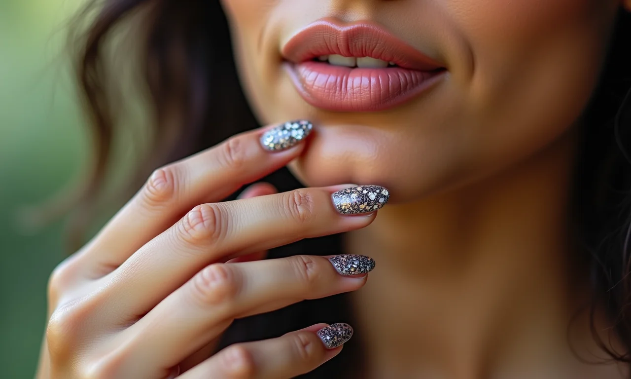 Pedras em formatos geométricos nas unhas.