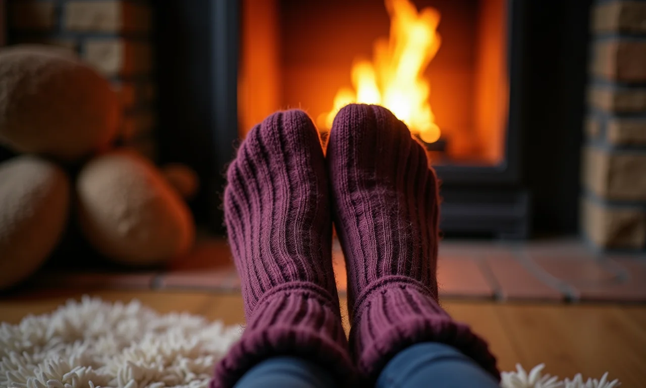 Pés com esmalte ameixa escuro e meias felpudas perto da lareira.