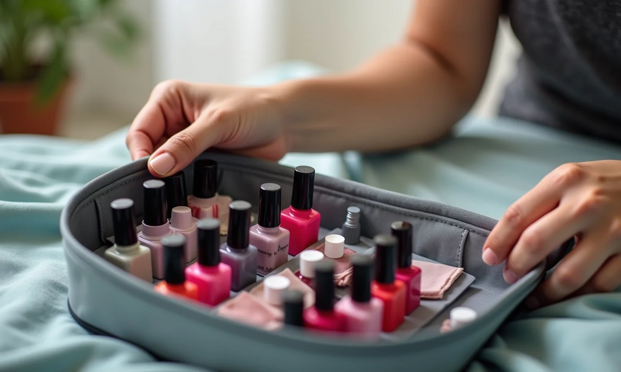 Pessoa limpando bolsa porta esmaltes com pano.