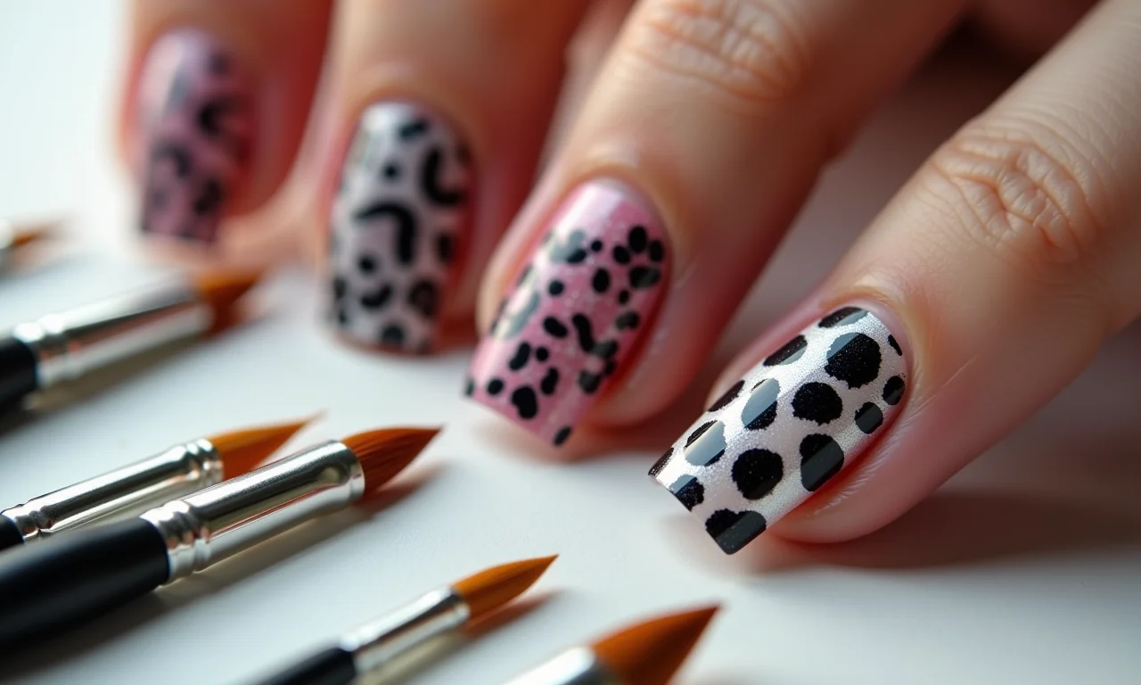 Pincéis e acessórios para criar designs de nail art com estampas de animais.