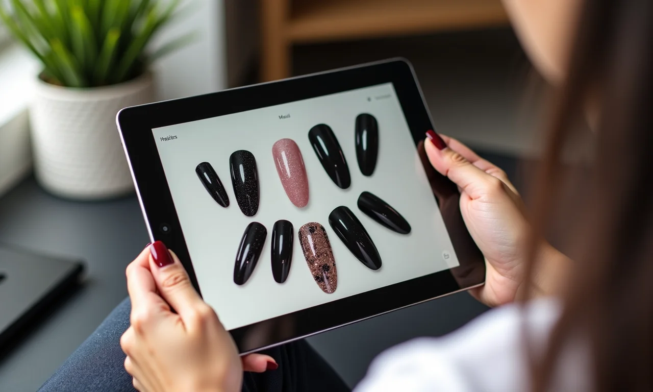 Planilha de ideias de unhas decoradas pretas com glitter.