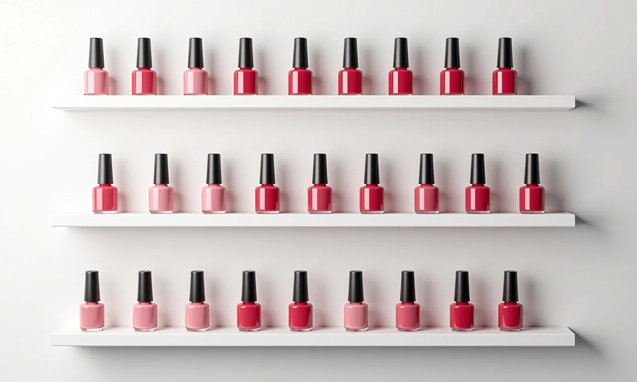 Prateleiras com esmaltes organizados.