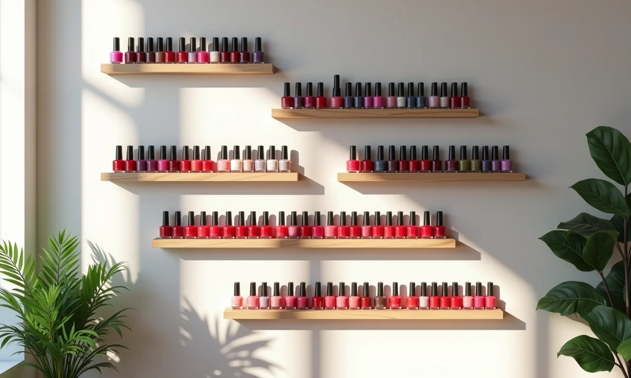 Prateleiras de esmaltes coloridos e organizados fixadas na parede com decoração brasileira.