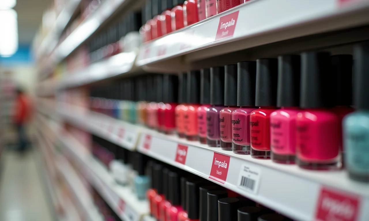 Prateleiras de farmácia com esmaltes Impala.