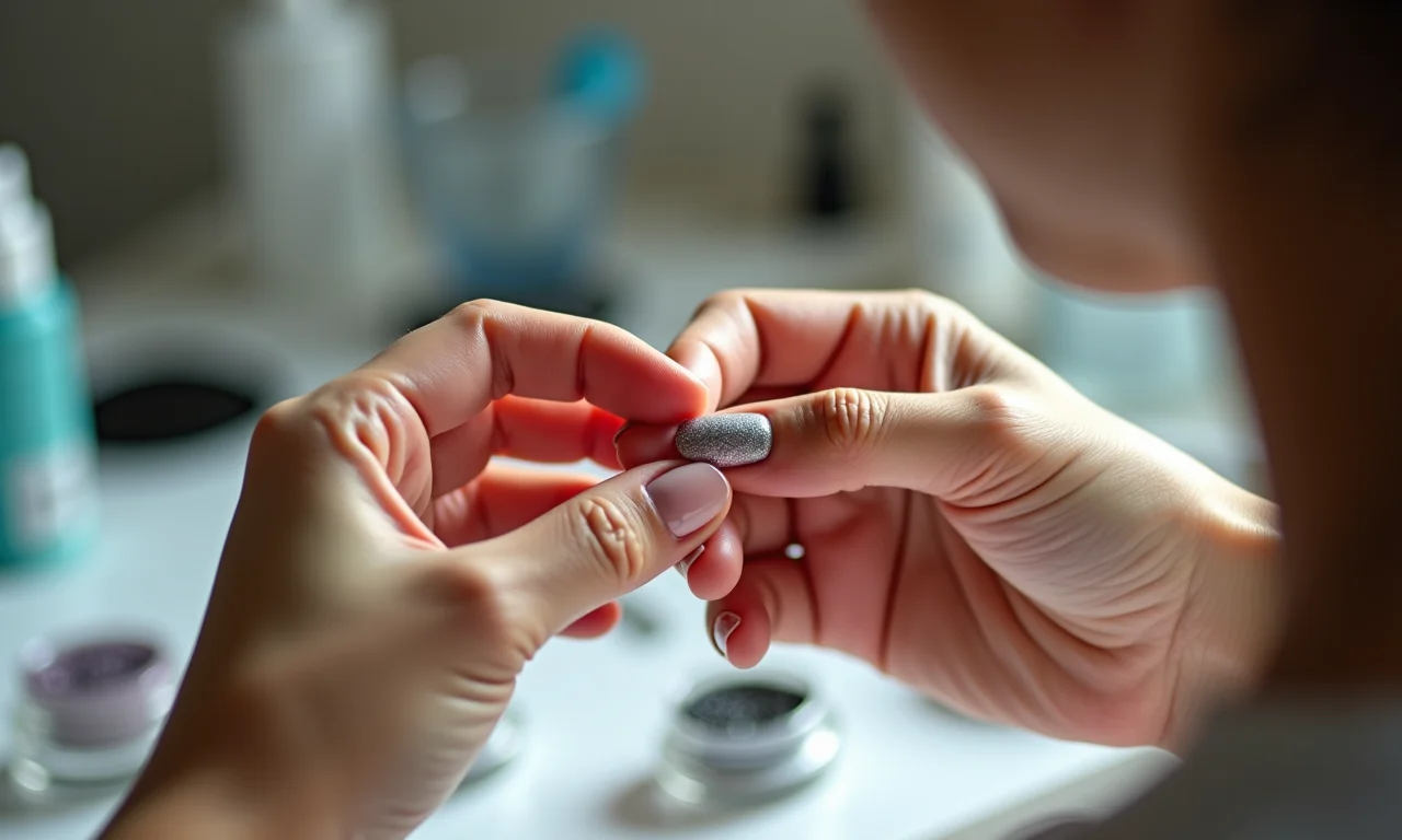 Preparação das unhas para receber a aplicação de glitter.