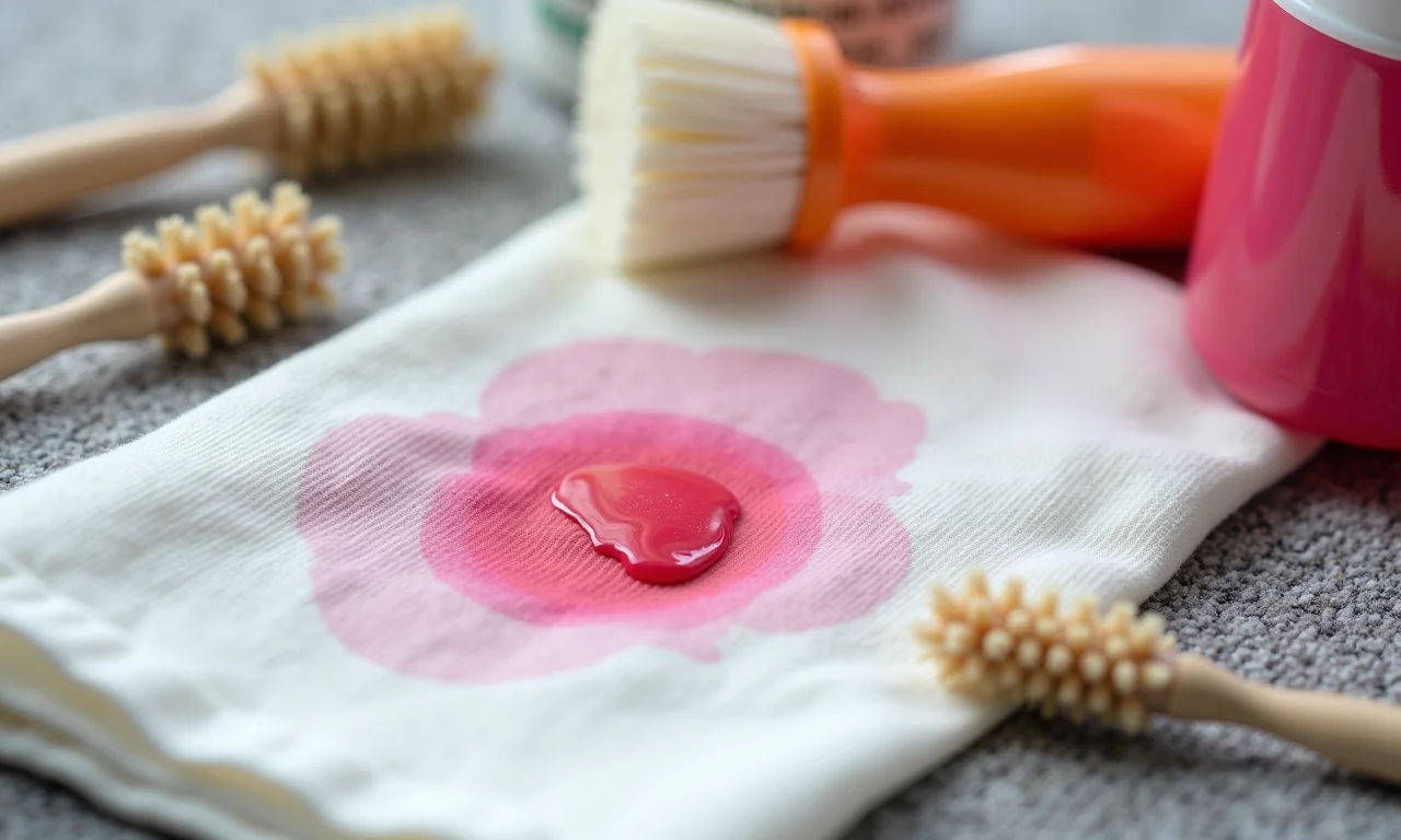 Produtos e ferramentas para remover manchas persistentes de esmalte em tecido de estofado.