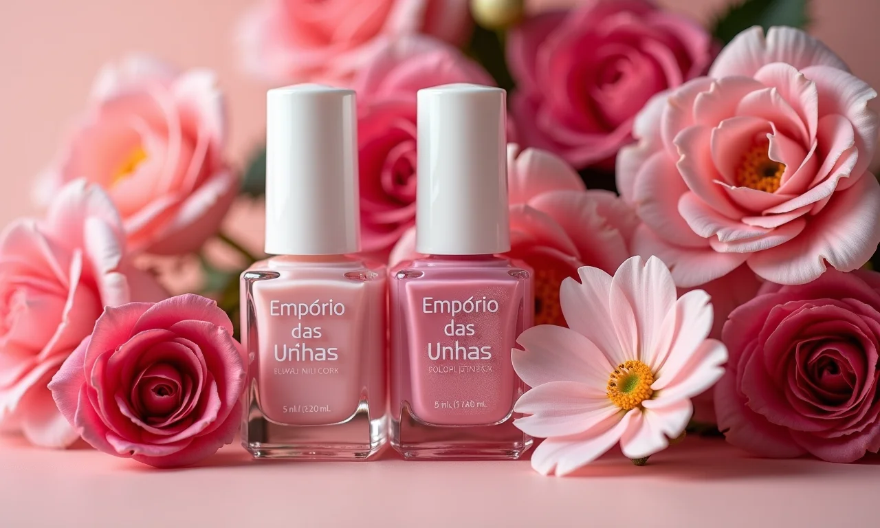 Produtos Empório das Unhas destacados em meio a unhas florais.