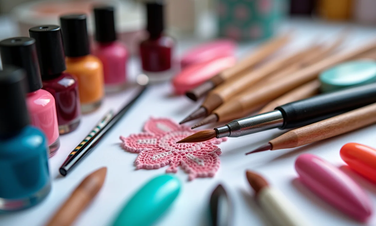 Produtos essenciais para unhas decoradas com bordado.