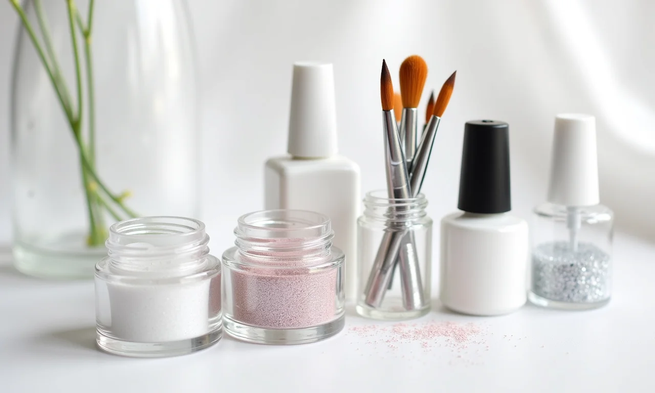 Produtos para unhas com glitter branco.