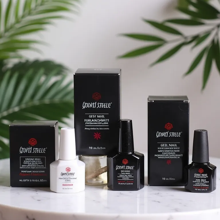 Produtos para unhas de gel preta e branca.