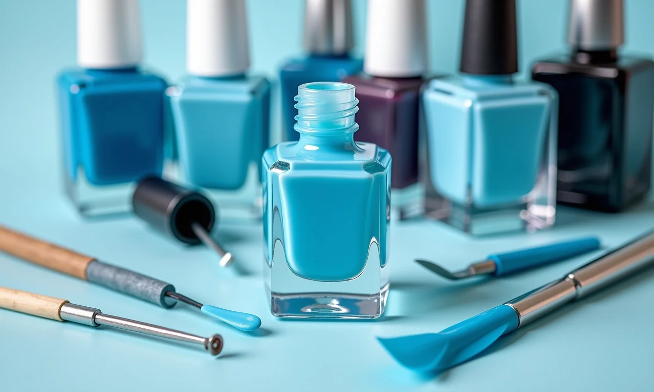 Produtos para unhas decoradas em azul.