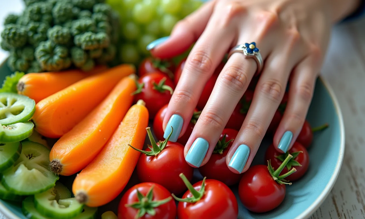 Refeição balanceada com frutas e vegetais coloridos.
