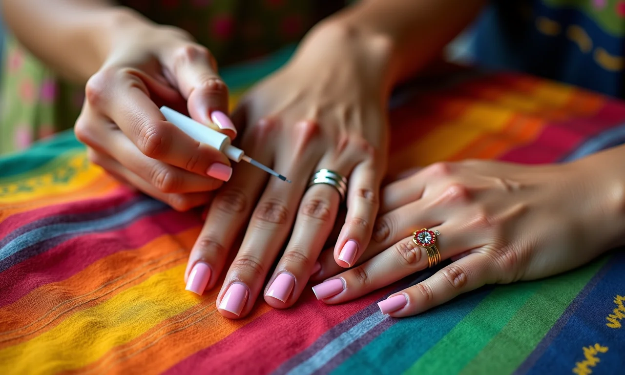Remoção de esmalte em gel com removedor, mãos diversas, estilo Farm Rio.