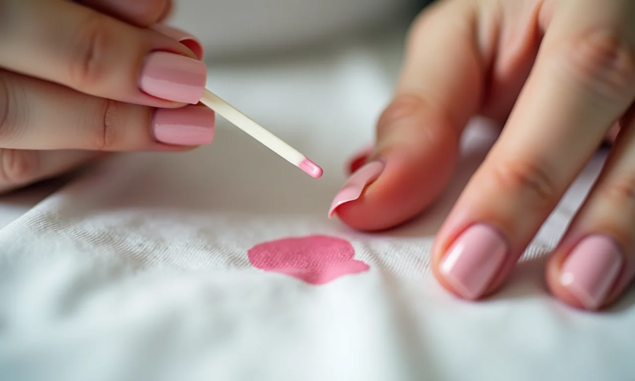 Remoção de mancha de esmalte com acetona: aplicação cuidadosa em tecido de algodão.