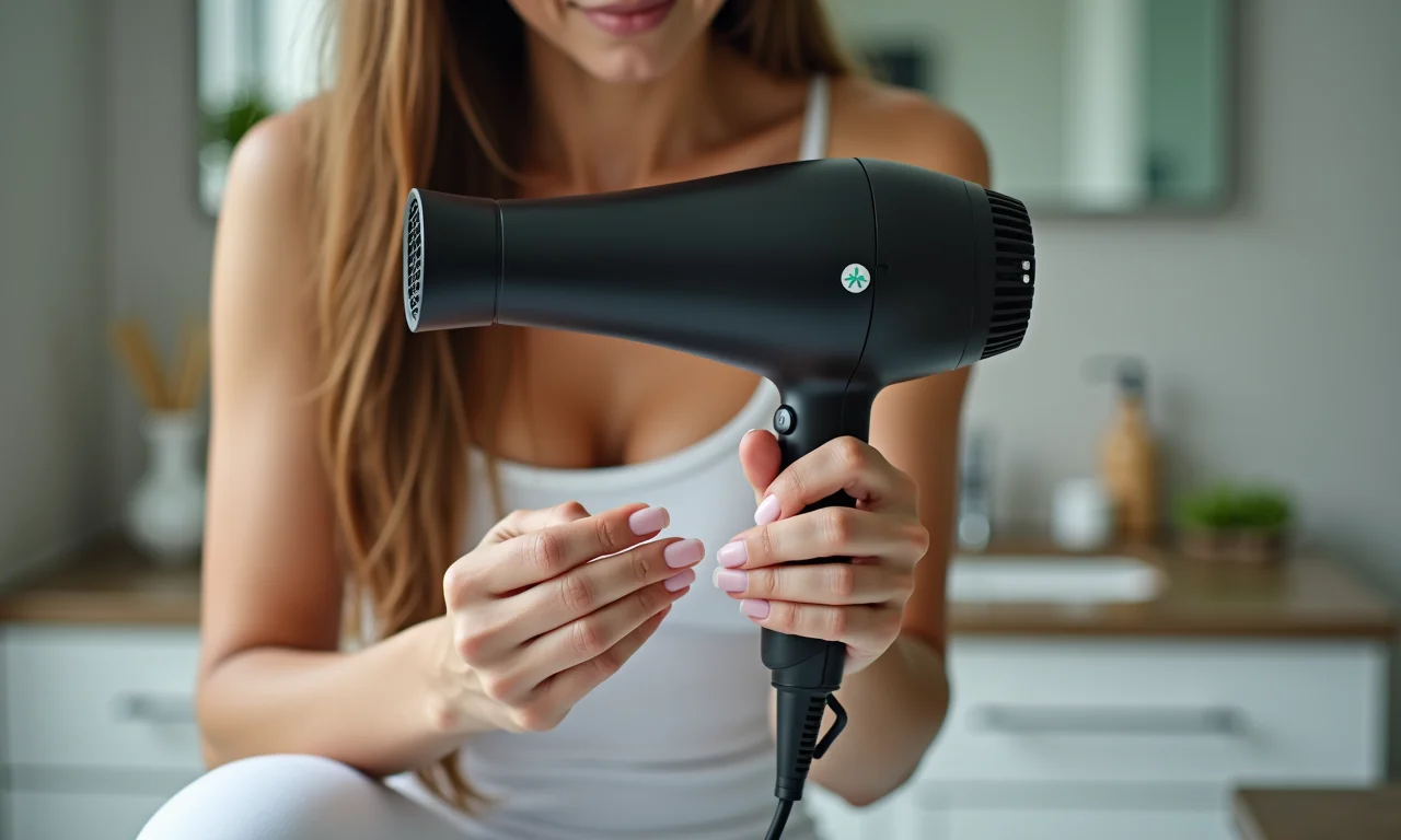 Secando as unhas com secador de cabelo.