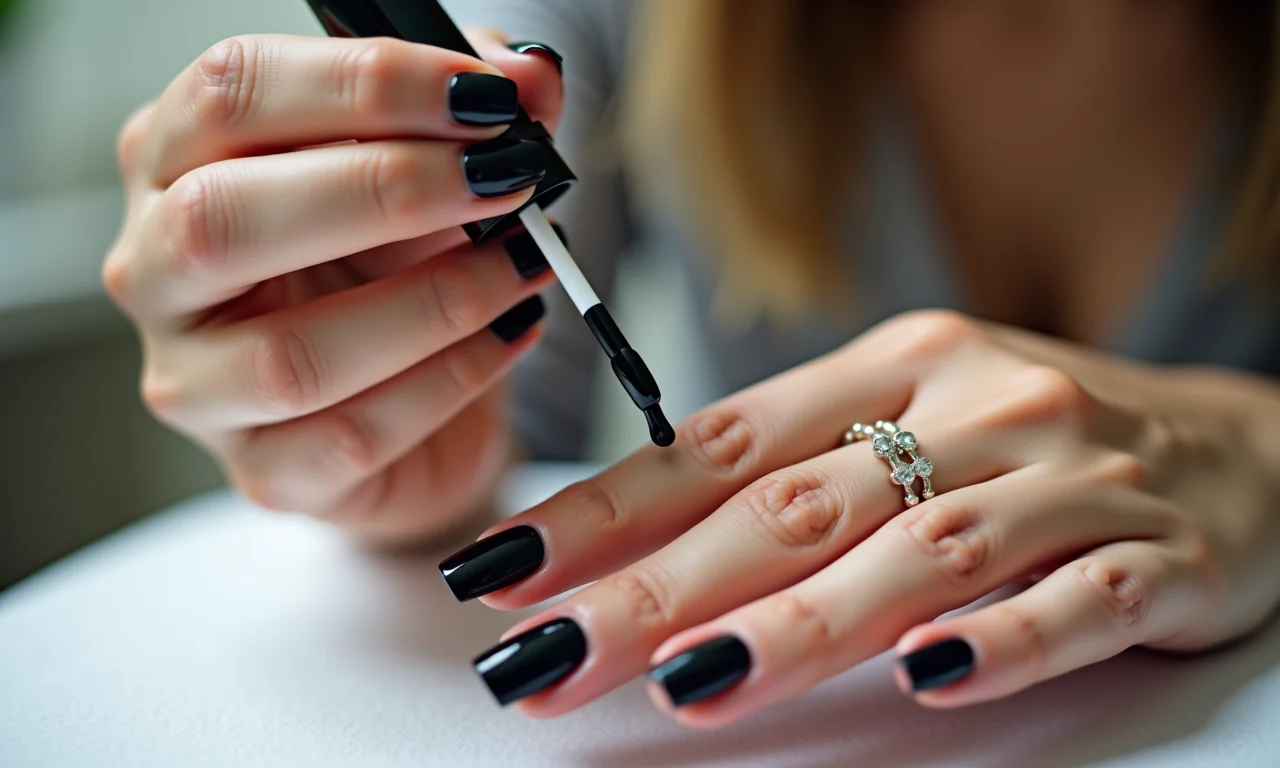 Selante sendo aplicado em unhas pretas para durabilidade.