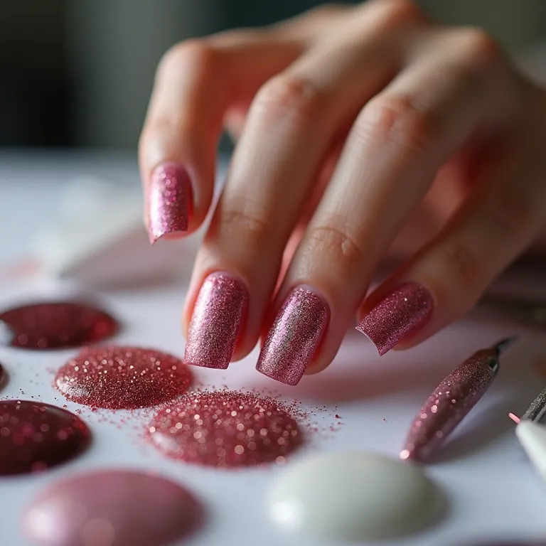 Seleção de esmaltes e ferramentas para unhas com mão alcançando um glitter.