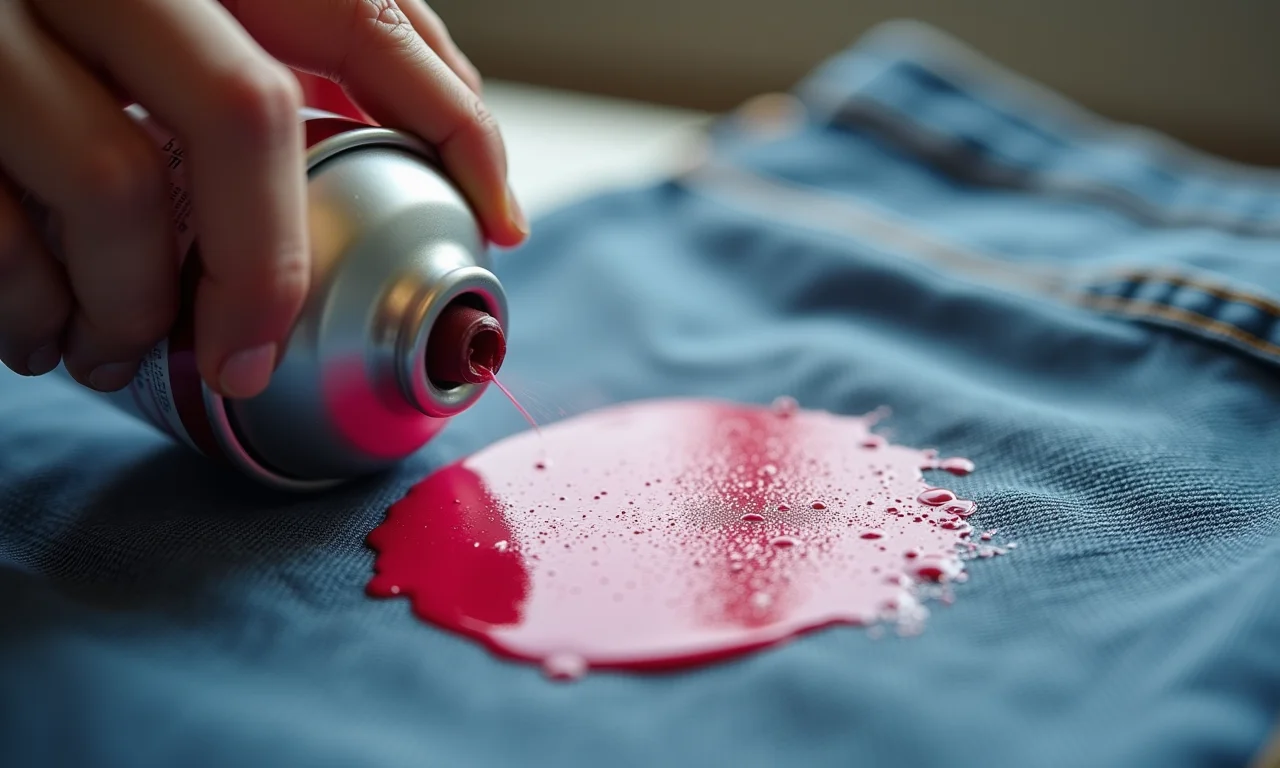 Spray de cabelo sendo aplicado em mancha de esmalte em tecido jeans.