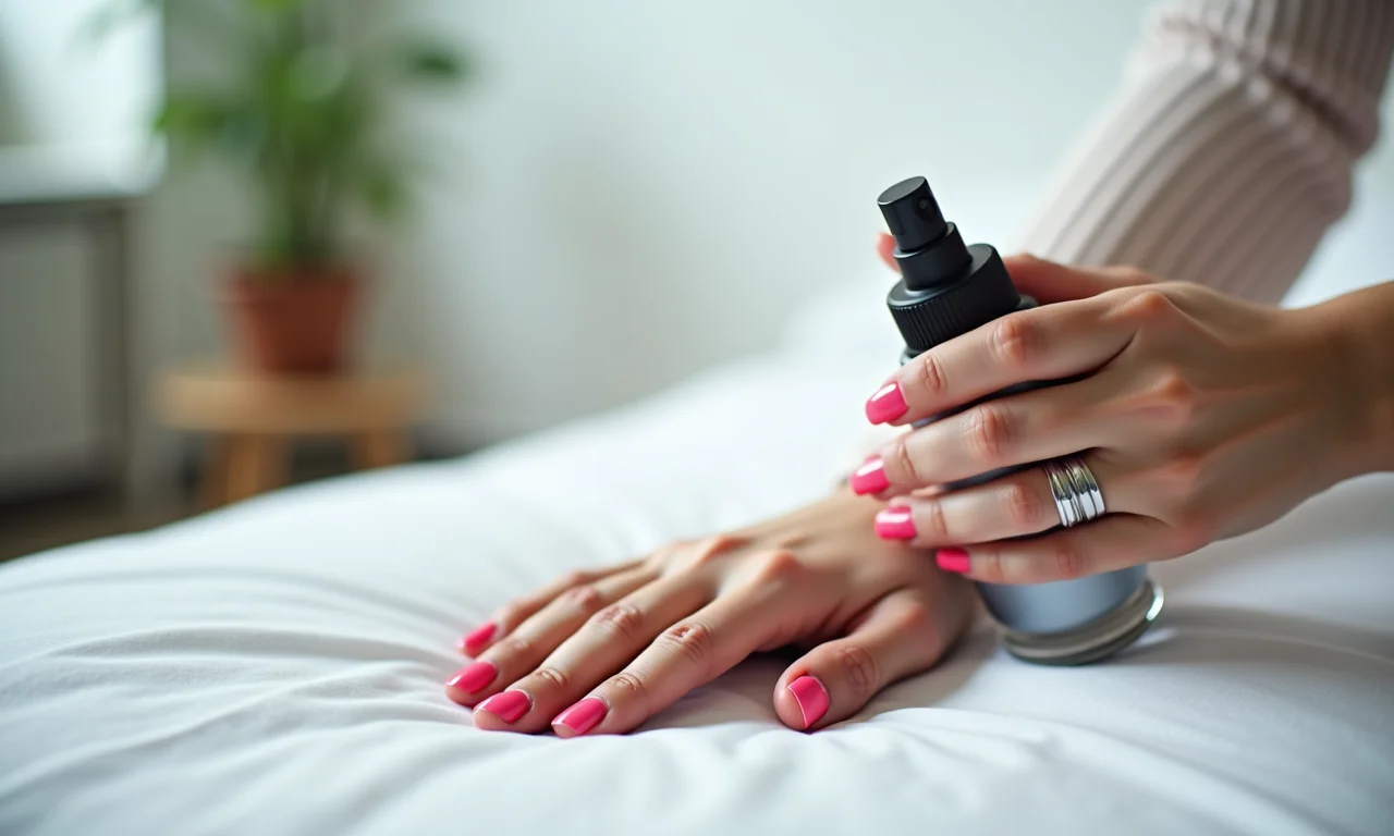 Spray secante sendo aplicado nas unhas.