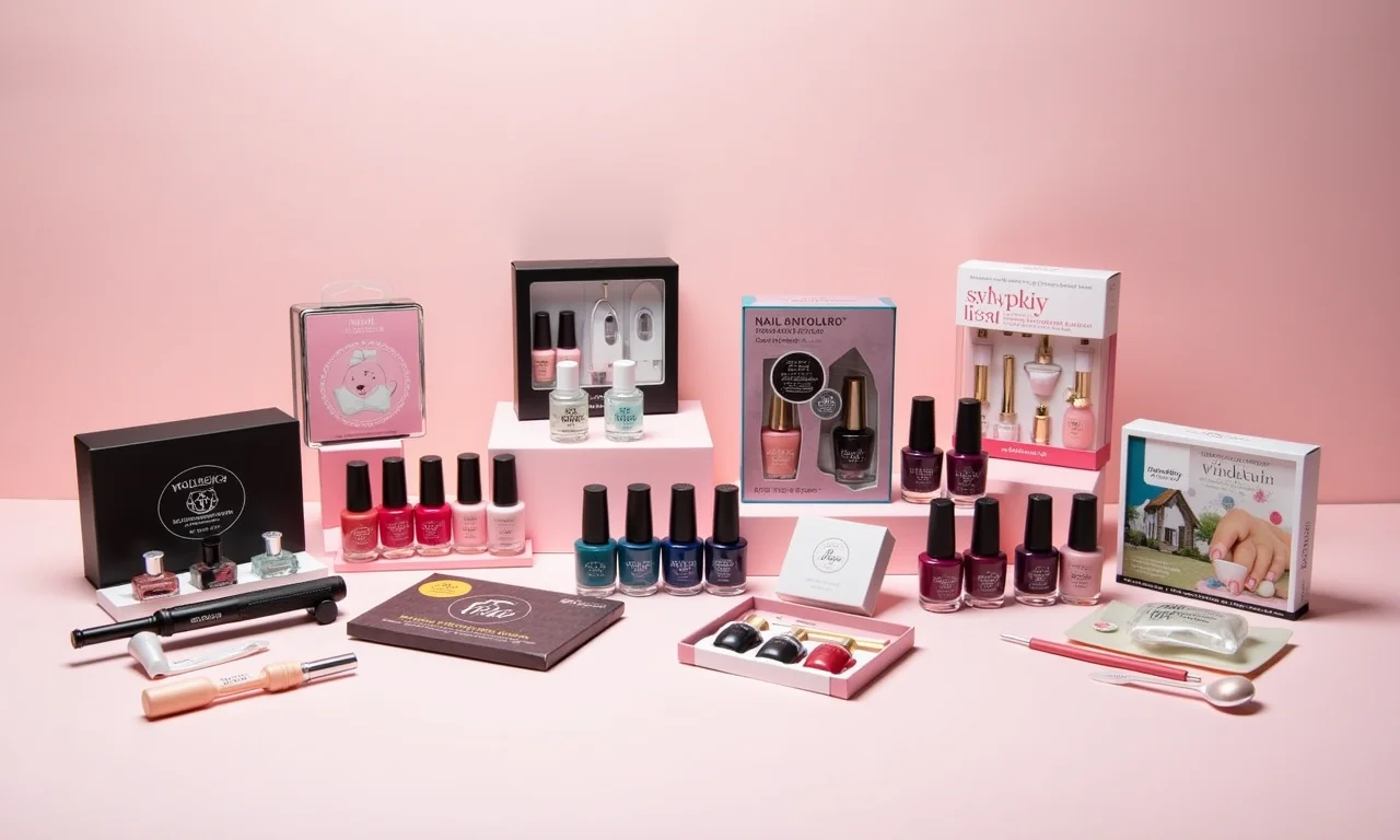 Sugestões de presentes para um chá de esmalte: kits de esmaltes e ferramentas de manicure.