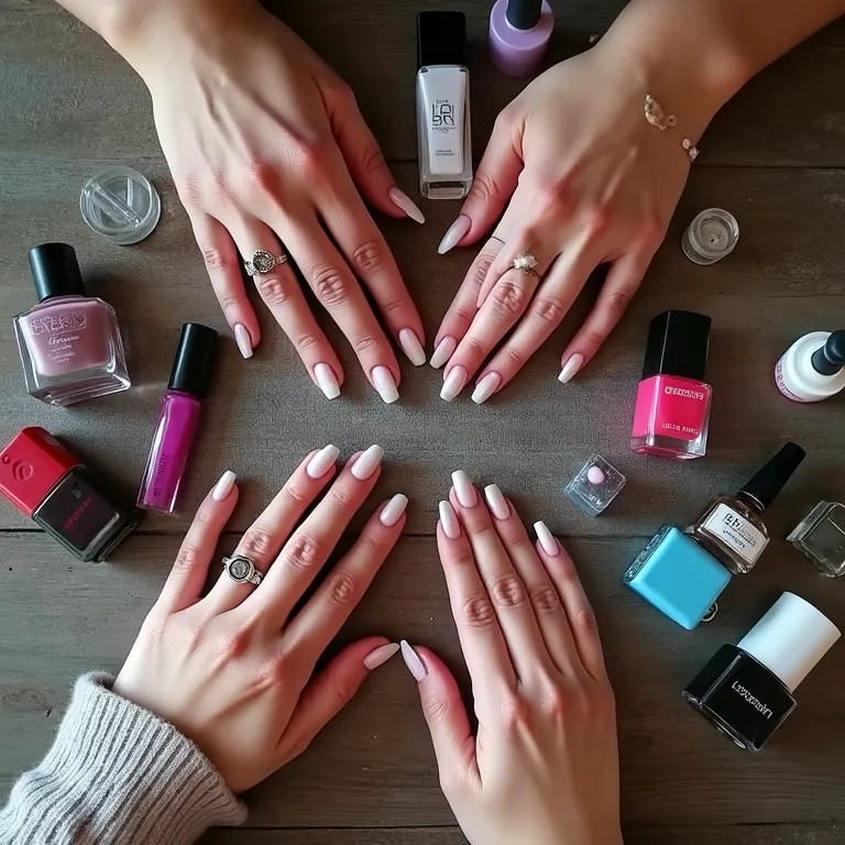 Suprimentos de nail art diversos em mesa com mãos bem cuidadas.