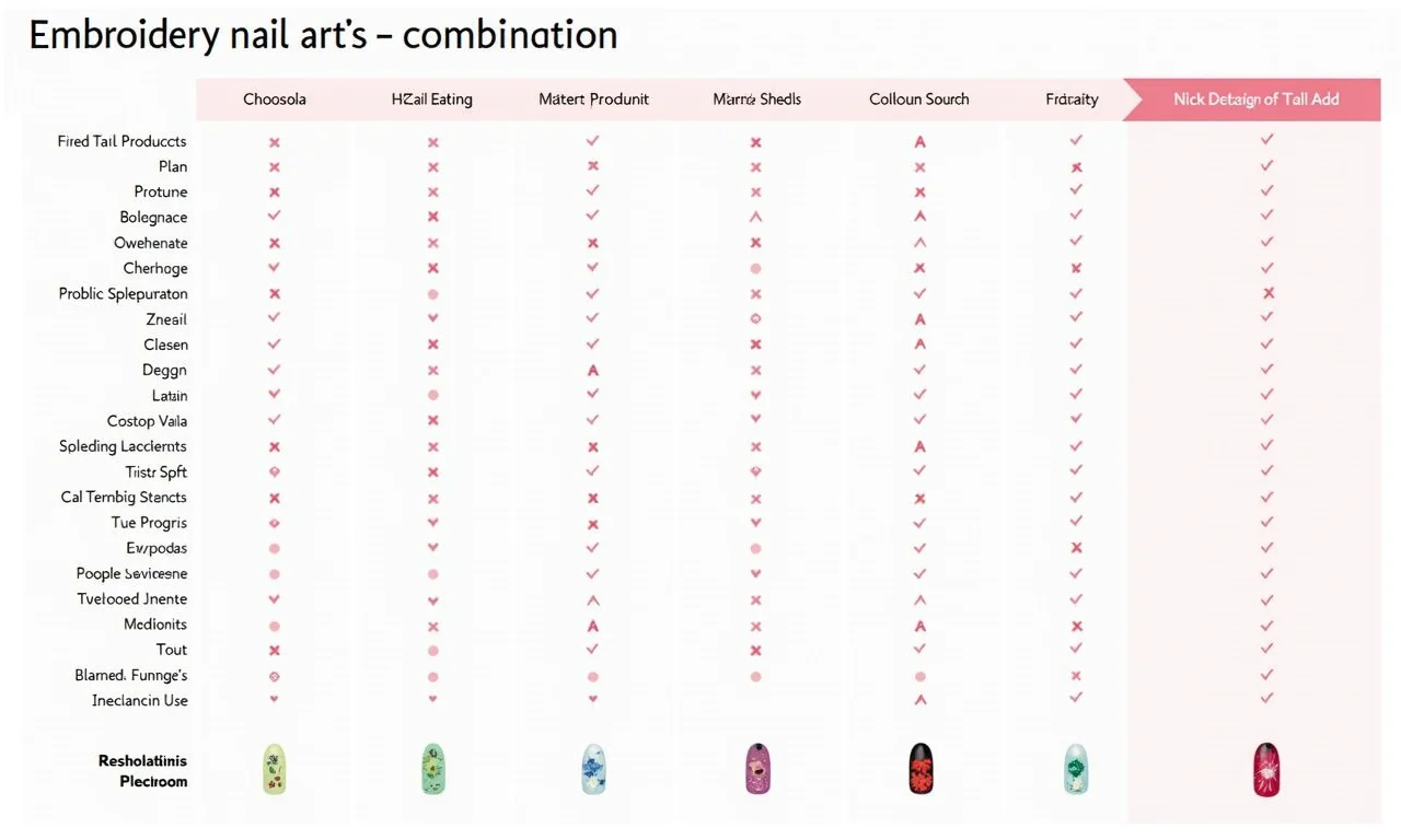 Tabela de combinações e inspirações para unhas de bordado.