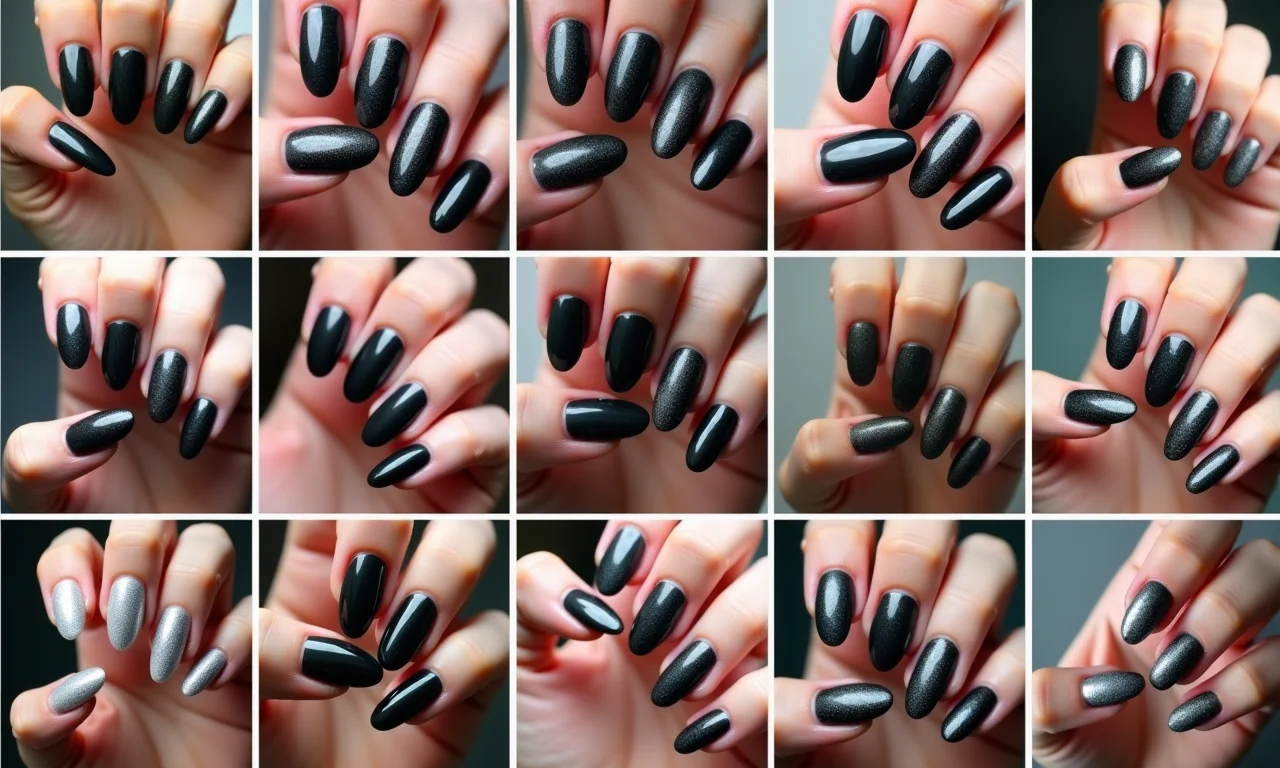 Tabela de inspirações de unhas pretas decoradas.