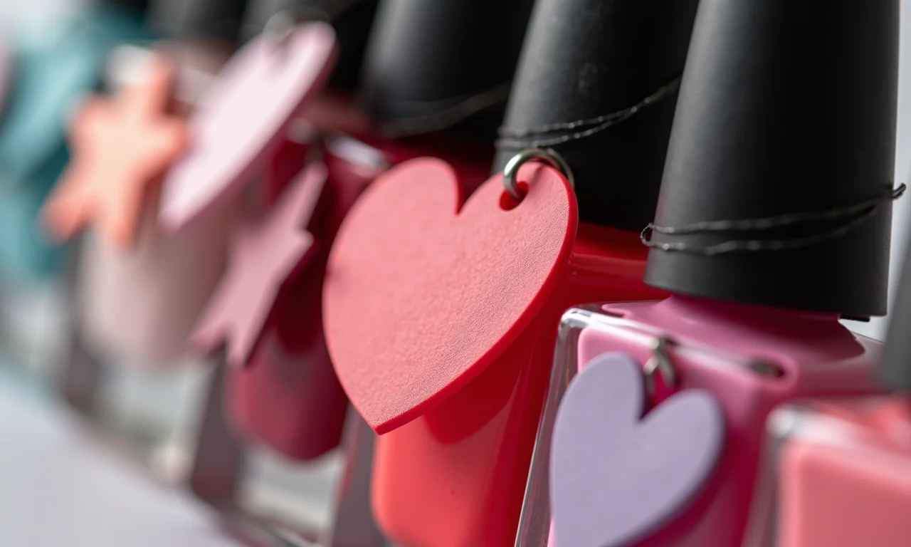 Tags com formatos criativos em esmaltes.