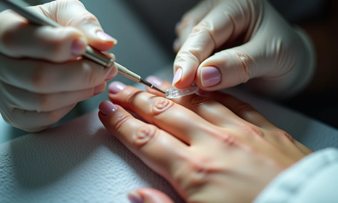 Técnica de blindagem com fibra de vidro sendo aplicada nas unhas.