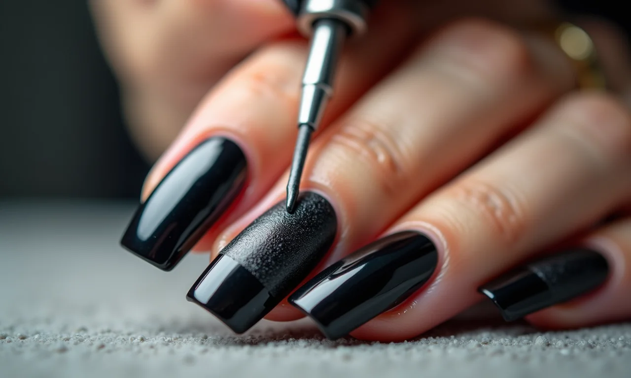 Técnica de degradê em unhas pretas.