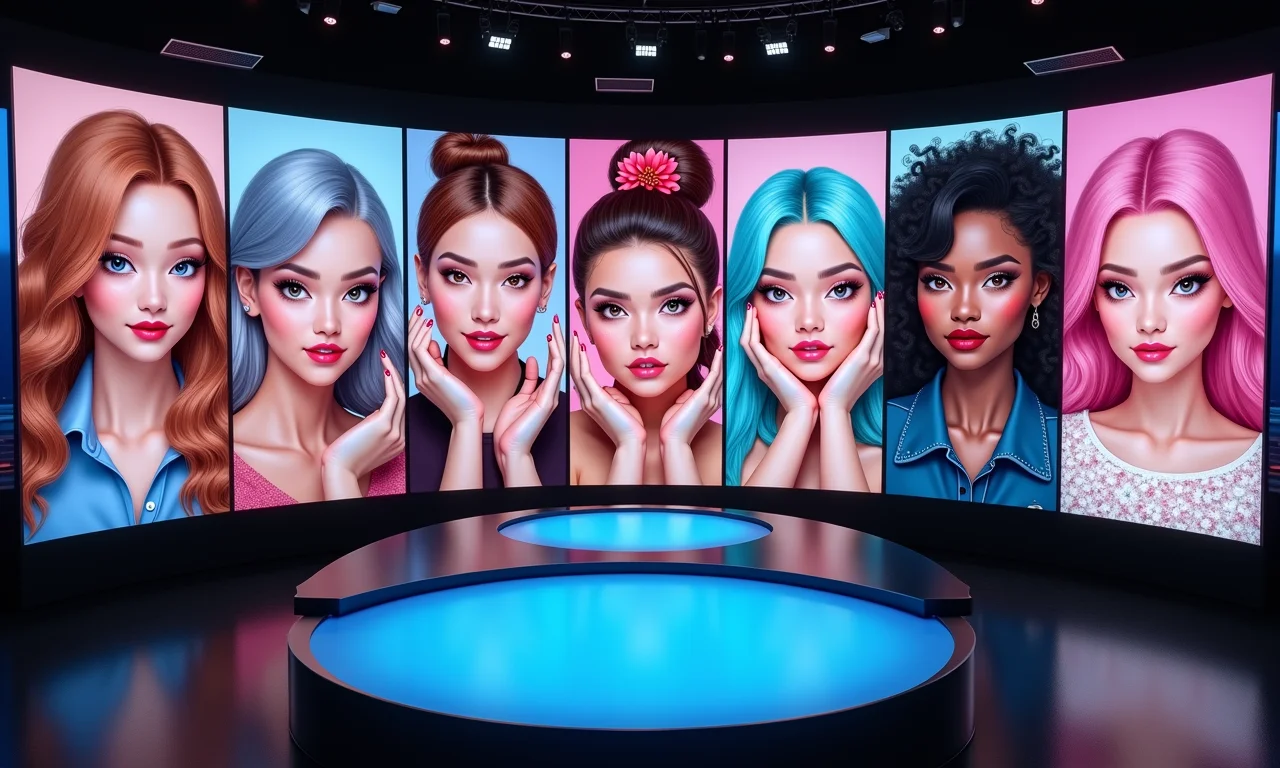 Tela de competição de nail art, diversos jogadores, jurados virtuais.