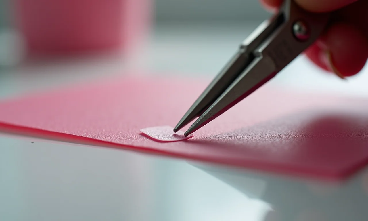 Tesoura pequena cortando fita adesiva para unhas.