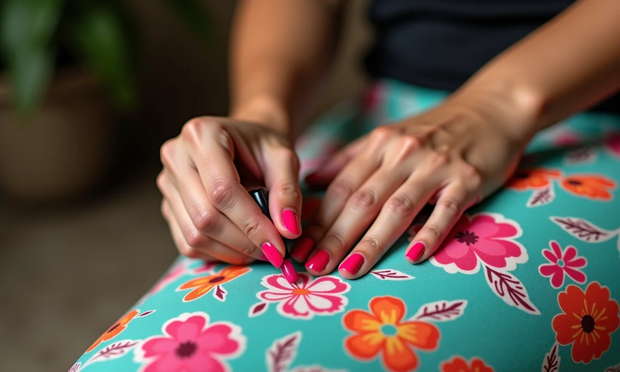 Teste de removedor de esmalte sem acetona em tecido estampado antes da aplicação total.