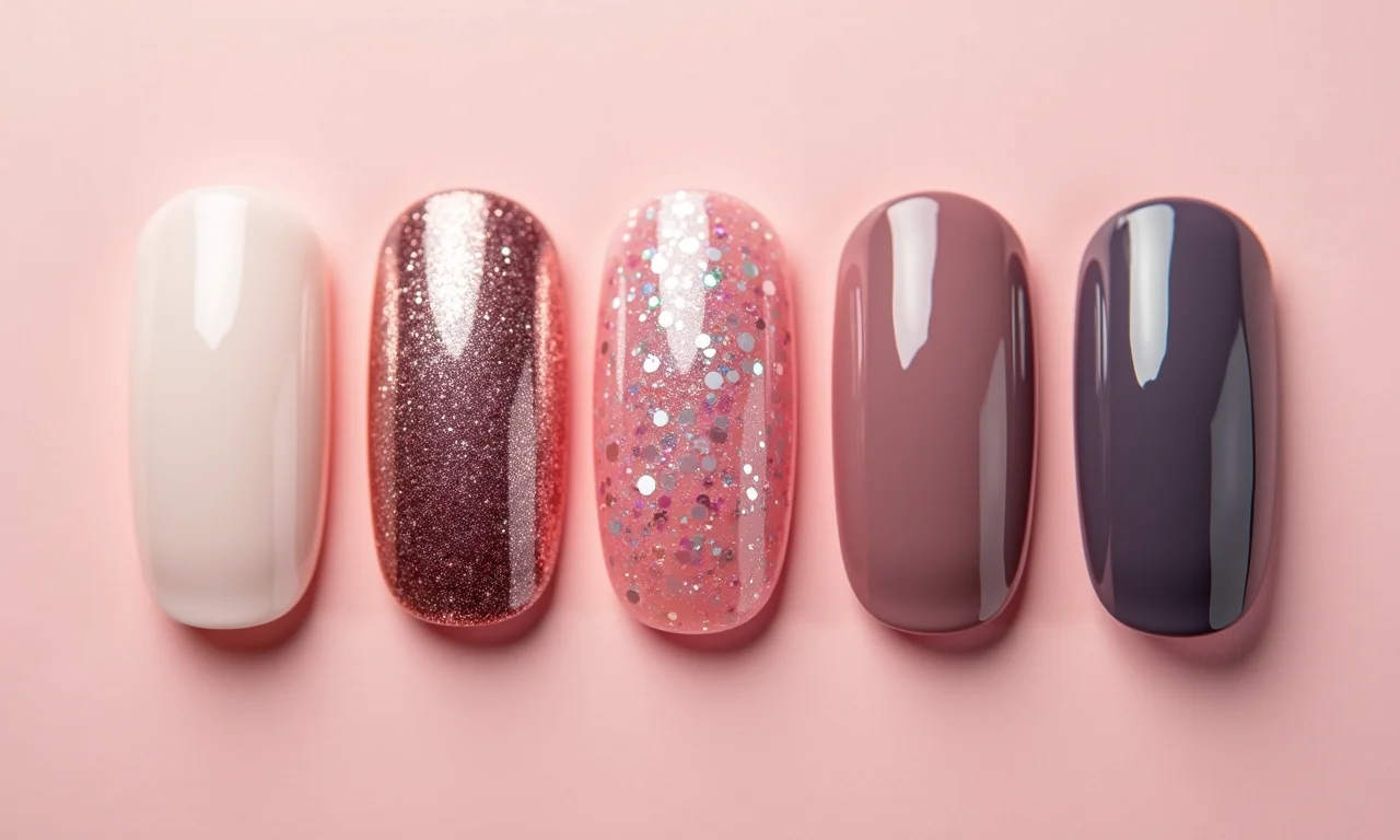 Texturas de esmalte: cremoso, glitterinado, matte, brilhoso, exibidos virtualmente.