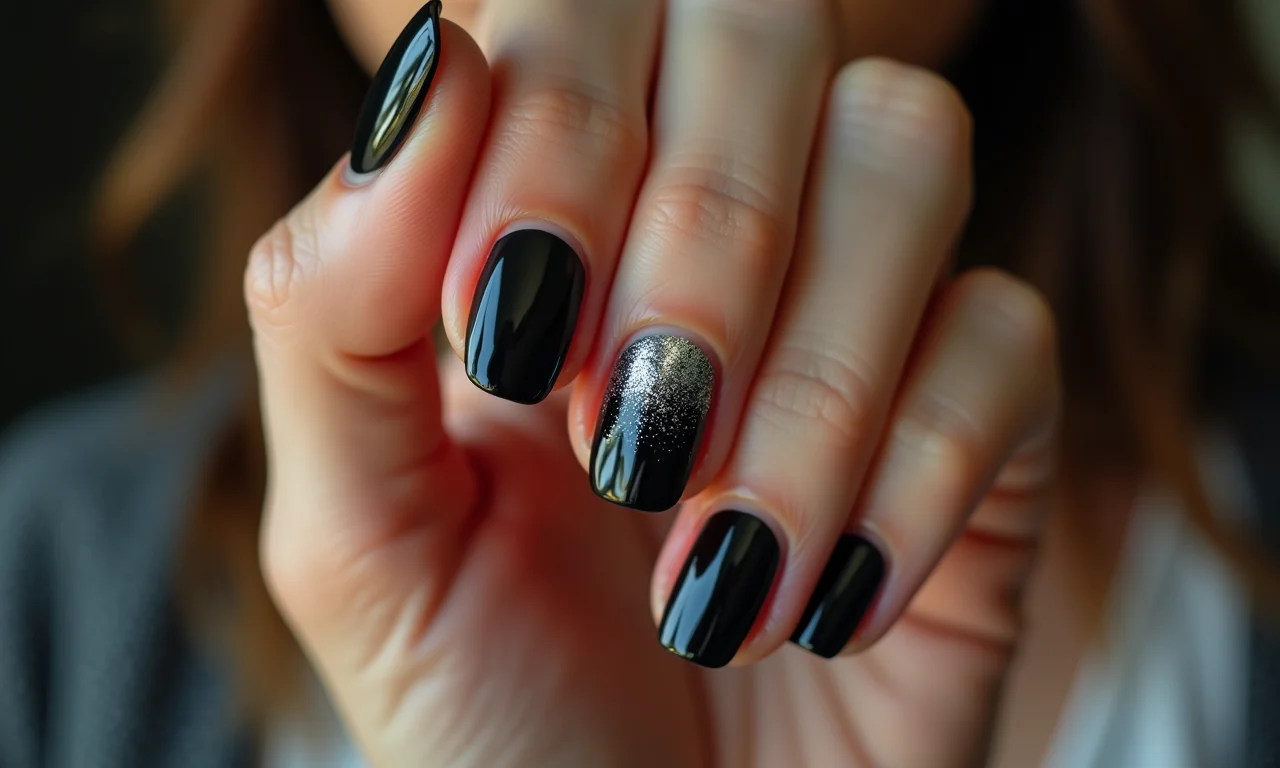 Toque moderno: unhas pretas com glitter prata.