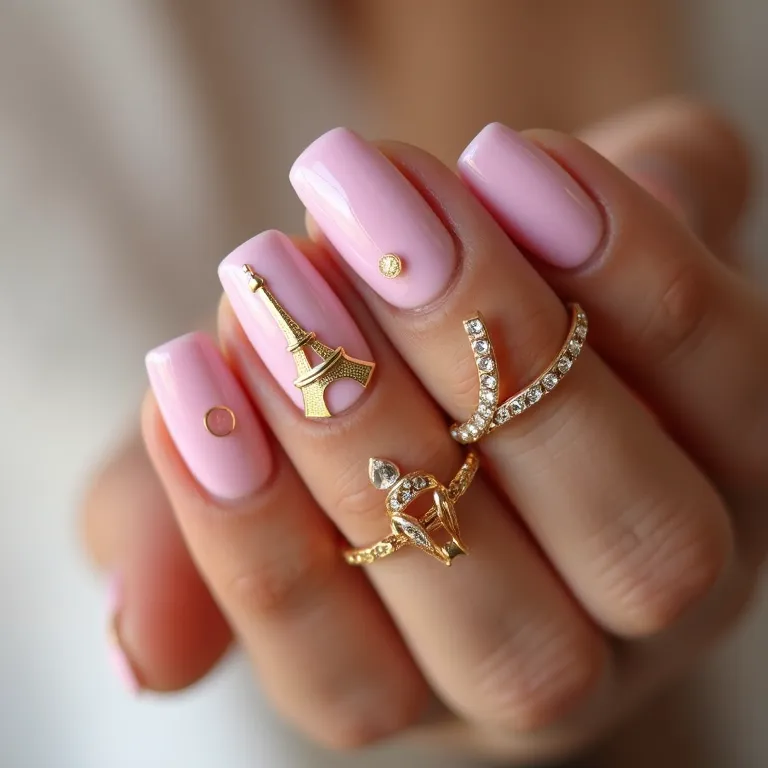 Torre Eiffel dourada em fundo pastel nas unhas.