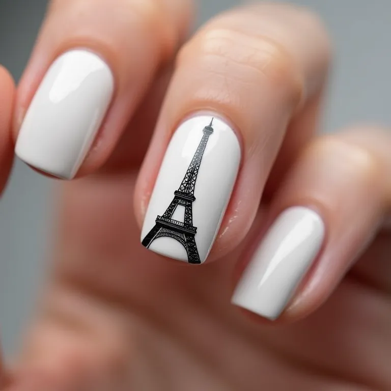 Torre Eiffel minimalista em preto e branco nas unhas.