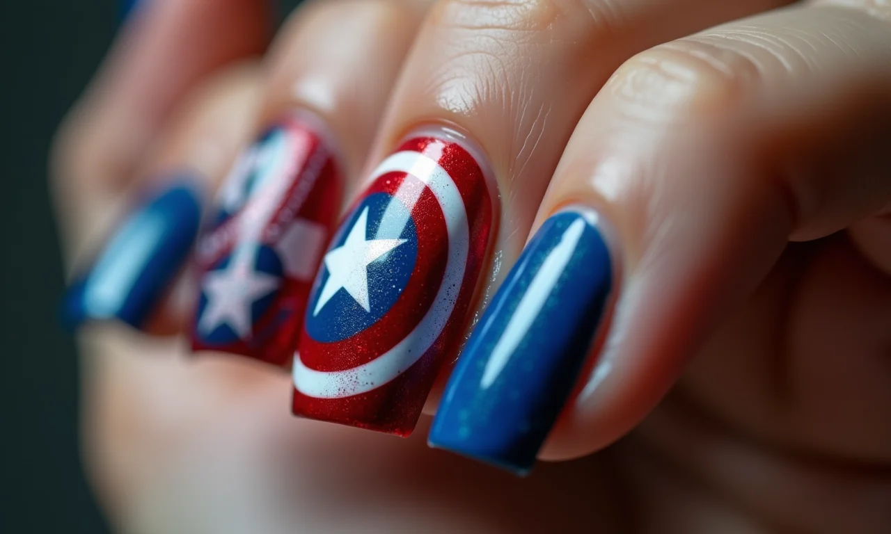 Unha com design do escudo do Capitão América.