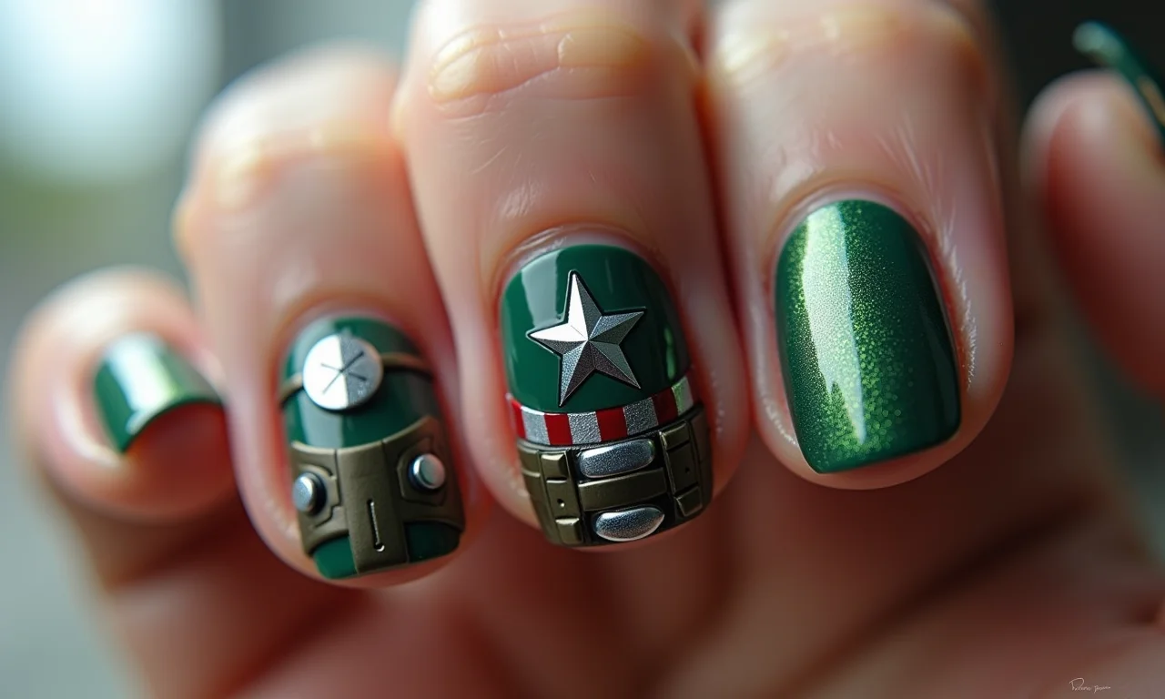 Unha com detalhes do cinto de utilidades do Capitão América.