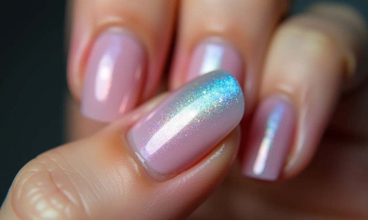 Unha com filha única holográfica, outras unhas em cor sólida.