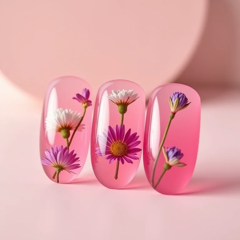 Unha de gel encapsulada rosa com flores secas