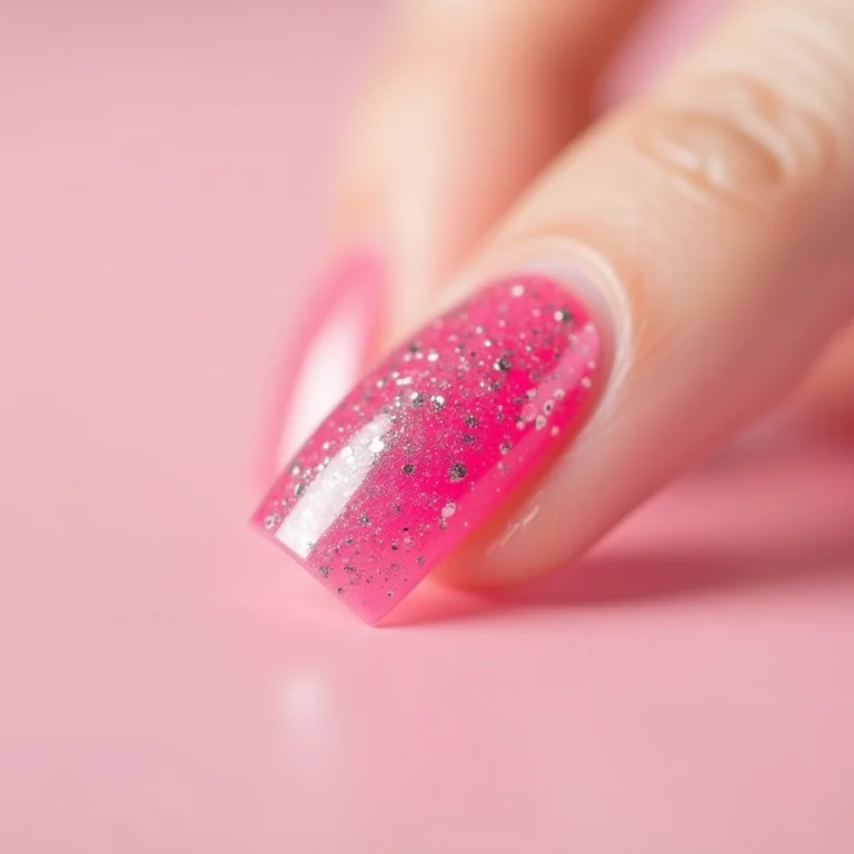 Unha de gel encapsulada rosa com glitter prata