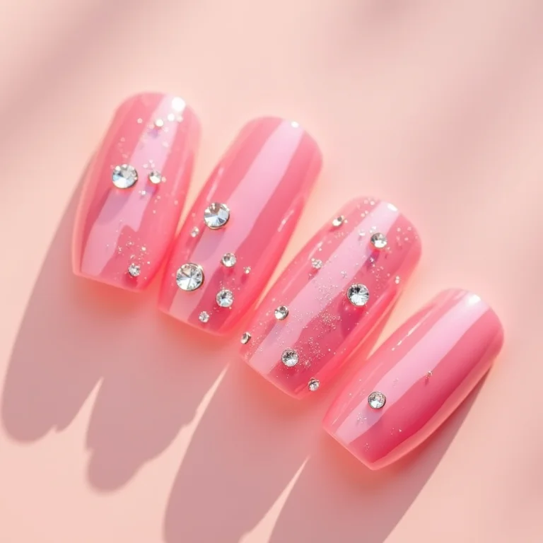 Unha de gel encapsulada rosa com pedrarias