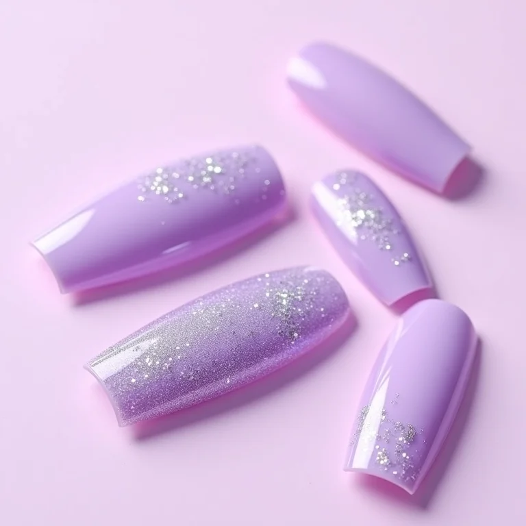 Unha de gel lilás com glitter e glamour