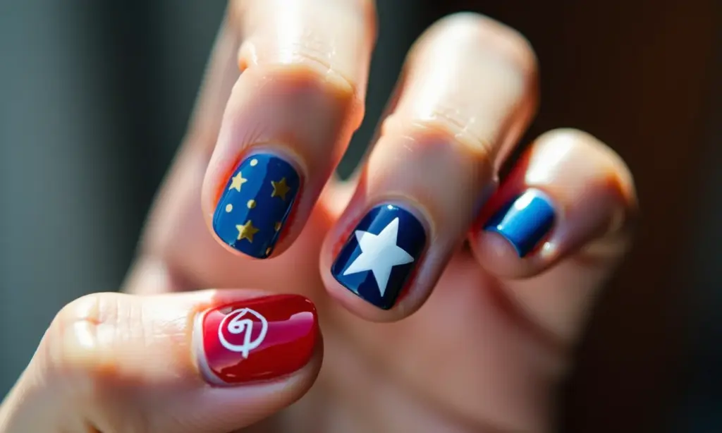 Unha decorada Capitão América com escudo e estrela.