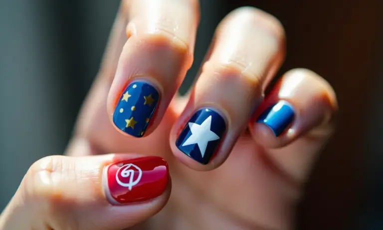 Unha decorada Capitão América com escudo e estrela.