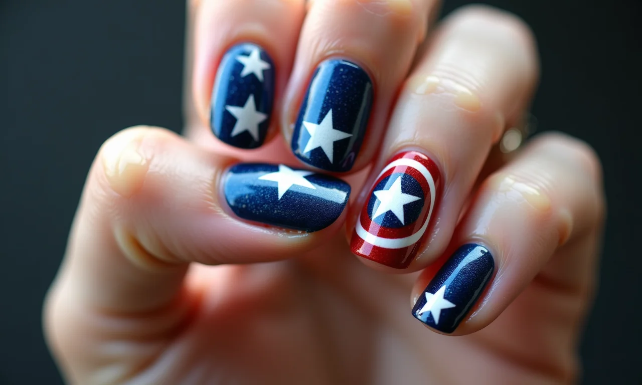 Unha decorada com as cores do uniforme do Capitão América.