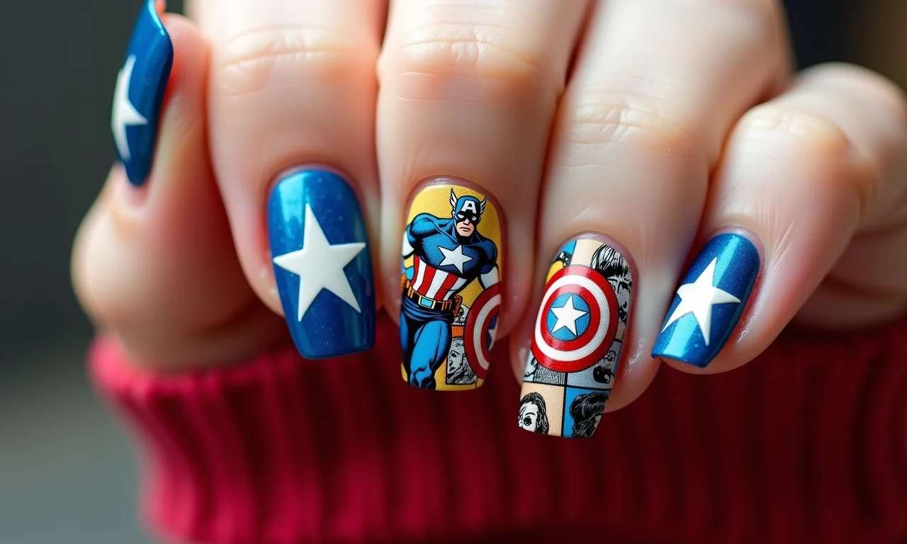 Unha decorada com quadrinhos do Capitão América.