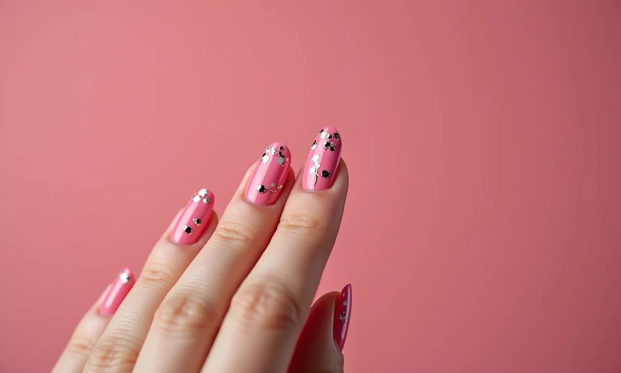 Unha decorada rosa encapsulada com adesivos.